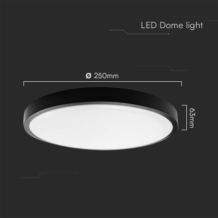 18W LED Dome Light Round Black Frame 6400K IP44